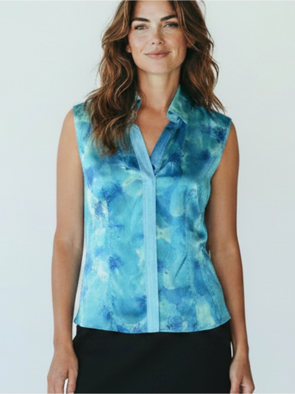 Elie Tahari Blue Watercolor Sleeveless Blouse size M
